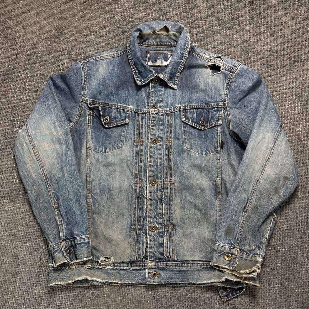 Billabong Denim Trucker Jacket Mens L Blue Distressed Y2K Surf Skate 031824-10